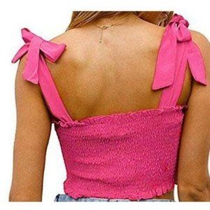 Frilly Smocked Crop Tank Top Tie Shoulder Strap